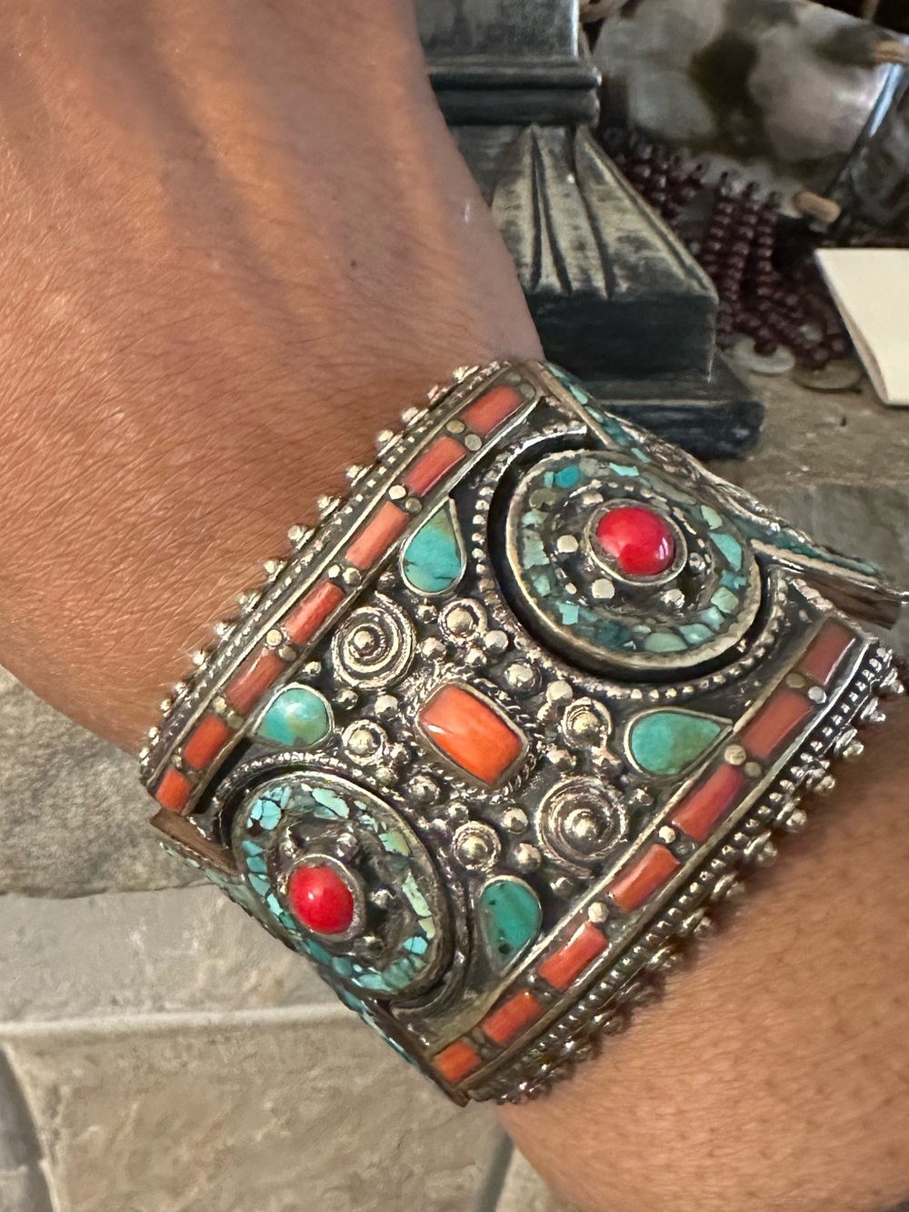 Vintage Tibet turquoise coral heavy hinged cuff handmade unisex rare